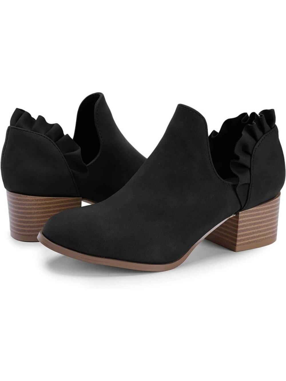 Women's Black Faux Suede Fall Cutout Low Stacked Ruffle Slip On Ankle Booties